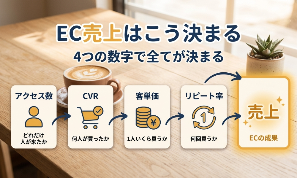 売上 ＝ アクセス数 × CVR（購入率） × 客単価 × リピート率